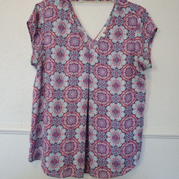 Daniel Rainn Top V Neck Blouse for Work Wear Size L Pink Geometric Design - Picture 5 of 11